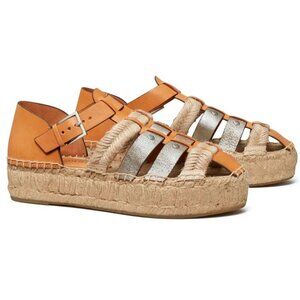 TORY BURCH Fisherman Platform Espadrille Flat Sandals Size 6.5 Brown Leather NEW